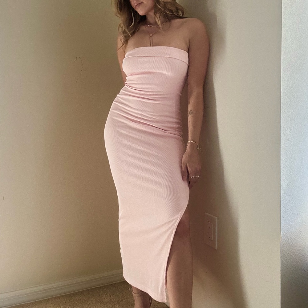 Strapless Blush Pink Midi Bodycon Dress